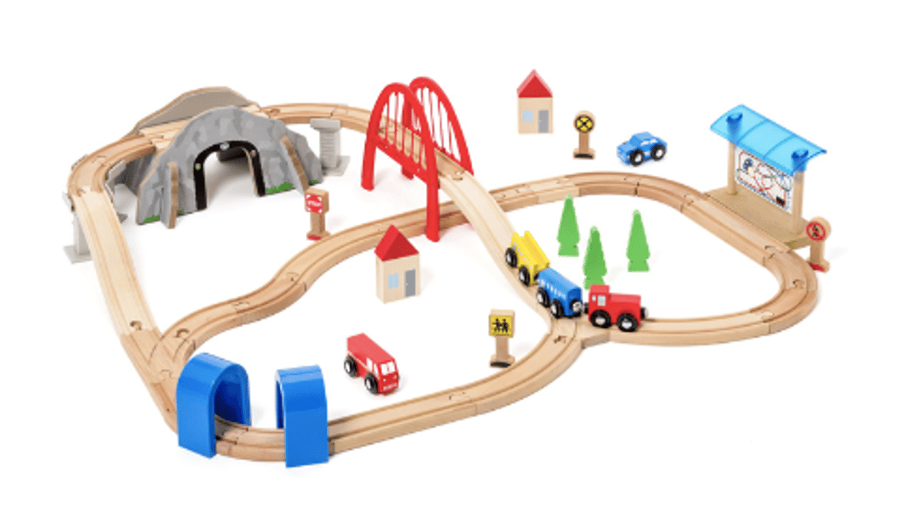 Oxybul Imagibul – Circuit De Train 64 Pièces En Bois – 3-8 Ans – Gare, Tunnel, Pont, Grue Magnétique – Compatible